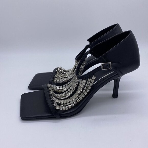 Zara 2020 Cruise Sandals 39 Sparkly Rhinestone Black Leather Square Toe Heels - Picture 8 of 16